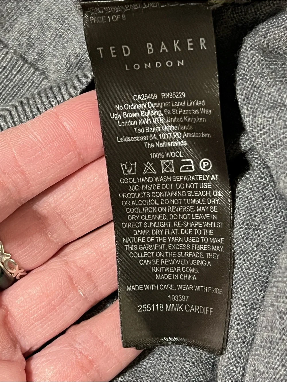 Ted Baker London Mens Size 3 Gray 100% Wool Crewneck Sweater Floral Logo
